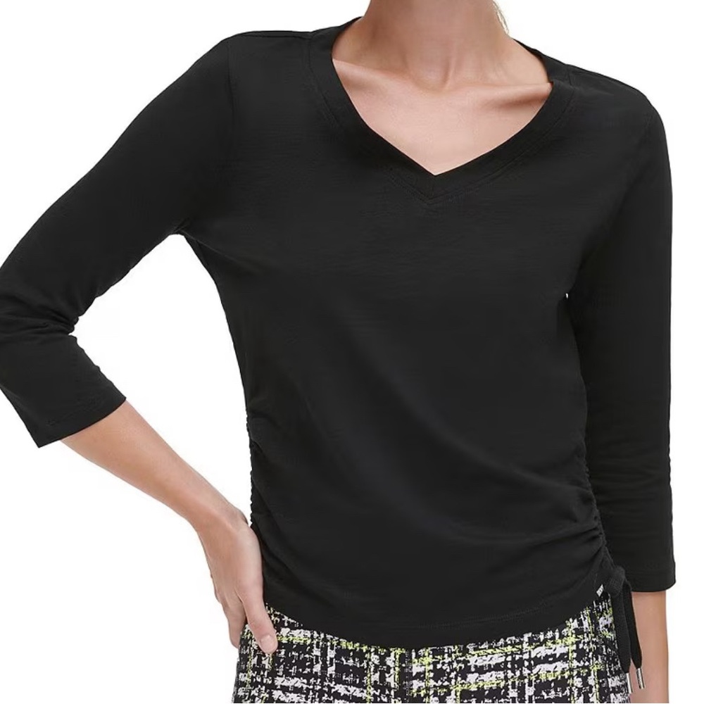 DKNY Sport Solid V-Neck 3/4 Sleeve Side Ruching Tee, size S